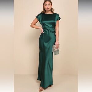 Lulu’s Captivating Presence Forest Green Satin Cowl Back Maxi Dress